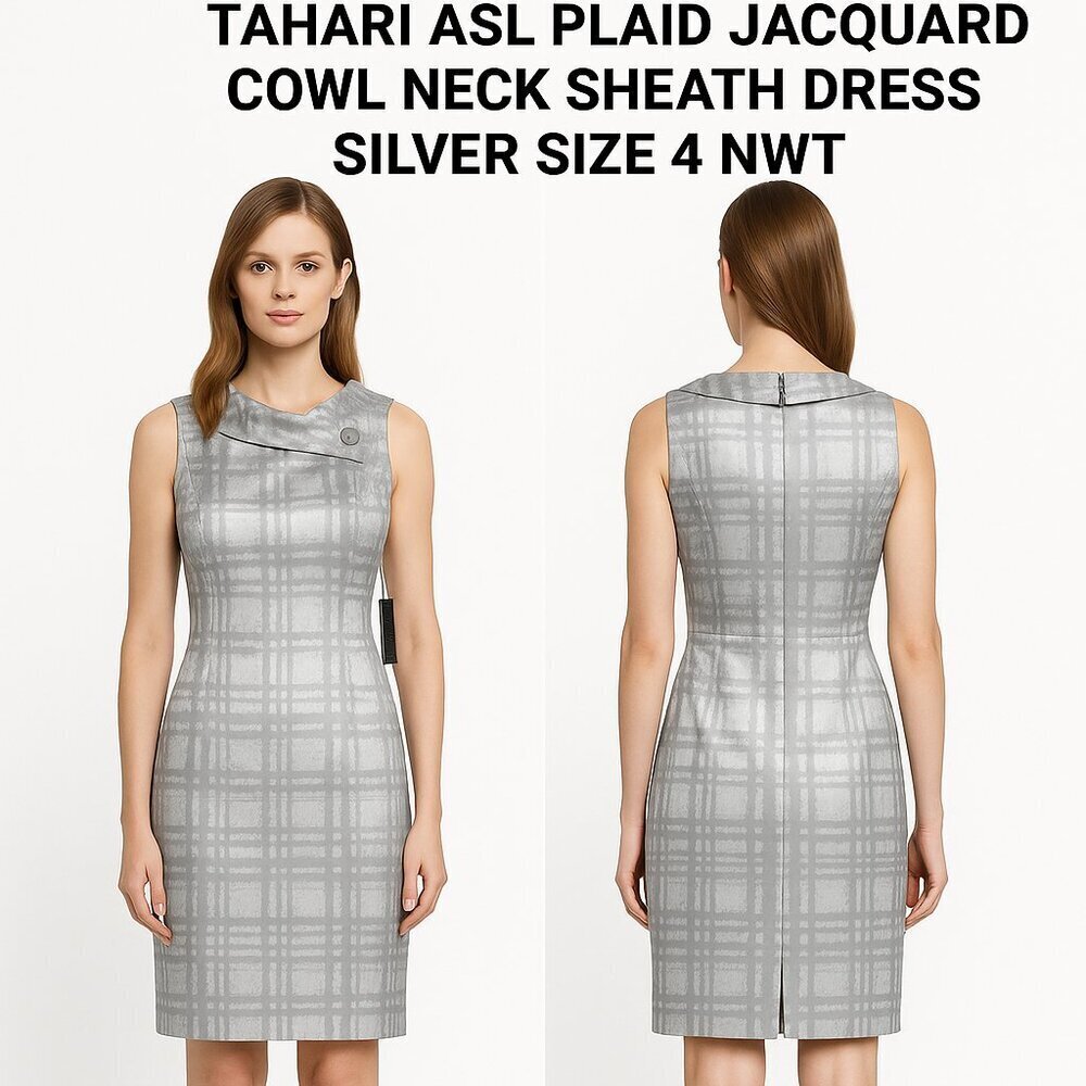 Tahari ASL Plaid Jacquard Cowl Neck Sheath Dress Silver Size 4 NWT?